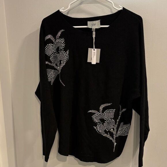 Milano Tops - Milano Black Long Sleeve Sweater with Beautiful Detailed Silver Inlay Accents